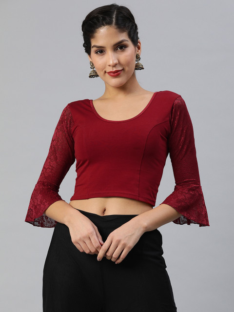 

Inddus Maroon Cotton Stretch Saree Blouse with Lace Detail