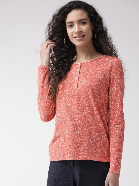 

Marks & Spencer Women Coral Orange & Off-White Printed Round Neck T-shirt