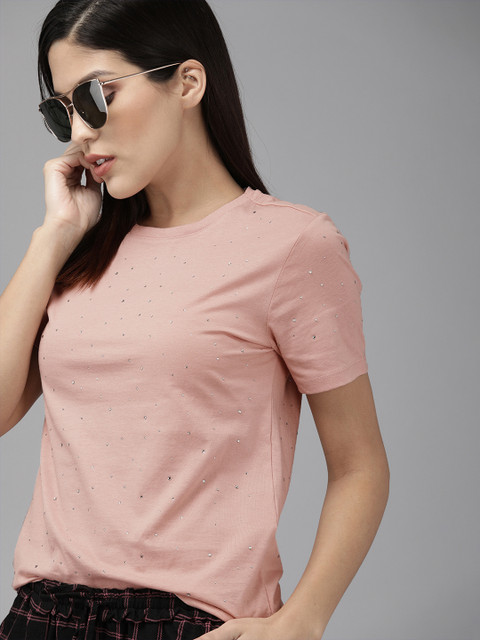 

ONLY Women Pink Solid Round Neck Pure Cotton T-shirt With Embellished Detail