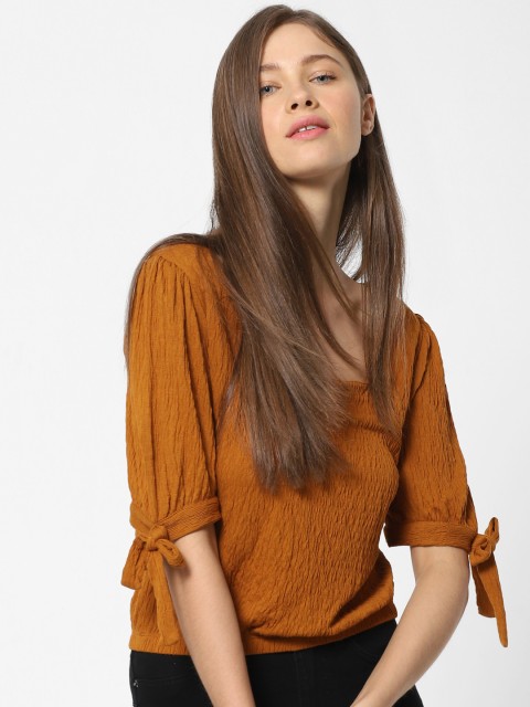 

ONLY Women Mustard Brown Solid Cinched Waist Top