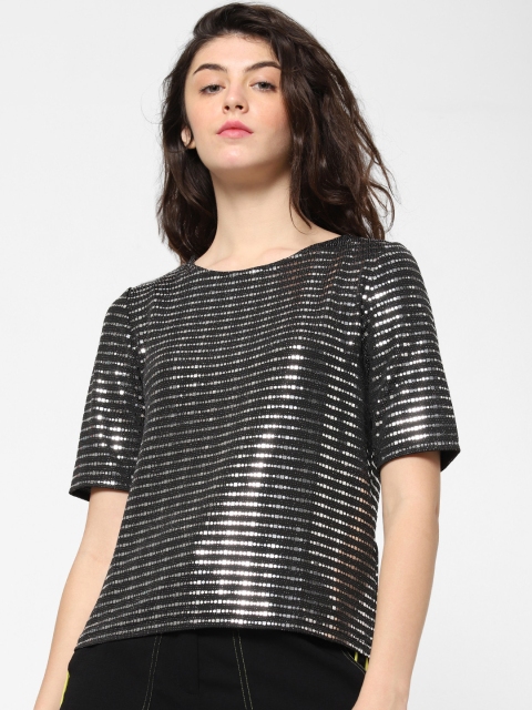 

ONLY Women Black Striped Round Neck T-shirt With Embellishment