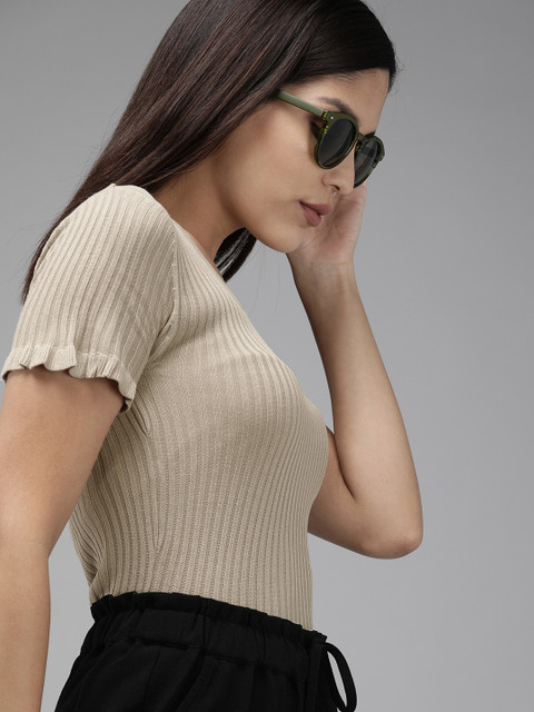 

ONLY Women Grey Ribbed Fitted Top