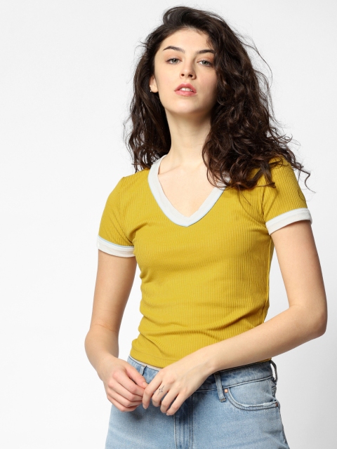 

ONLY Women Mustard Yellow Ribbed V-Neck T-shirt
