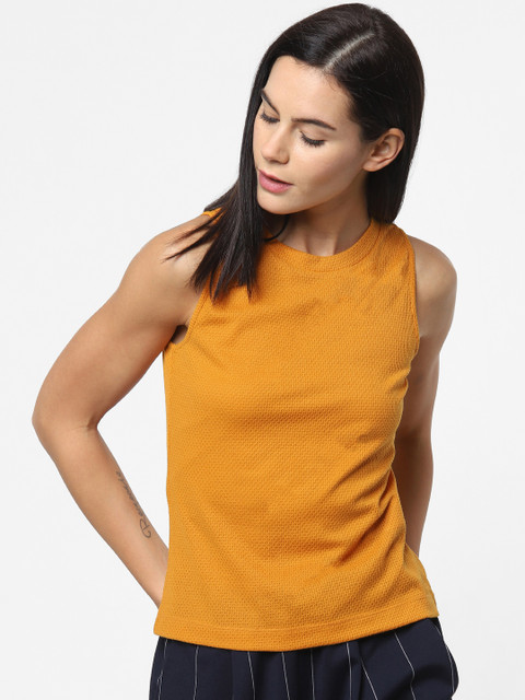 

ONLY Women Mustard Yellow Self Design Round Neck T-shirt