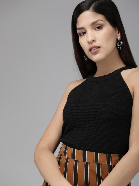 

ONLY Women Black Self Design Round Neck T-shirt