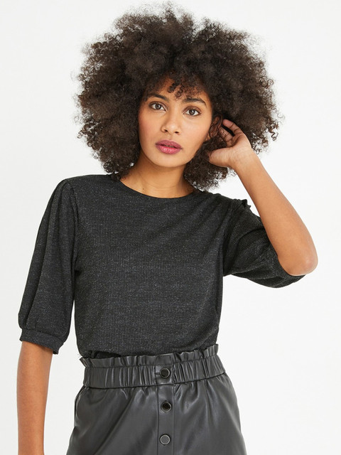 

promod Women Charcoal Grey Solid Ribbed Knitted Top
