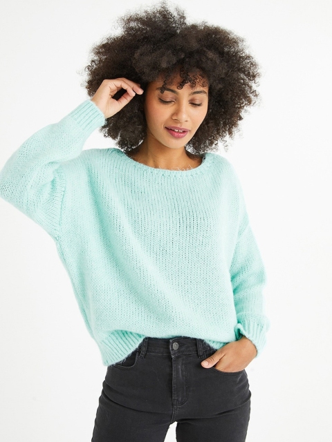 

promod Women Turquoise Blue Self Design Pullover Sweater