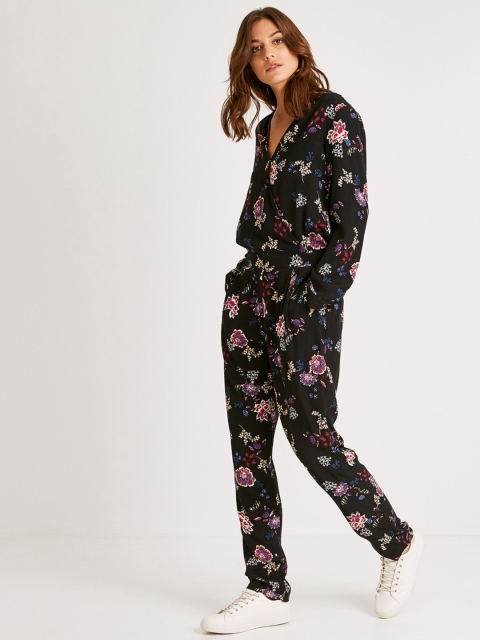 

promod Women Black & Blue Floral Printed Basic Jumpsuit