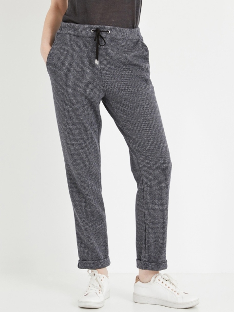 

promod Women Black & White Loose Fit Self Design Regular Trousers