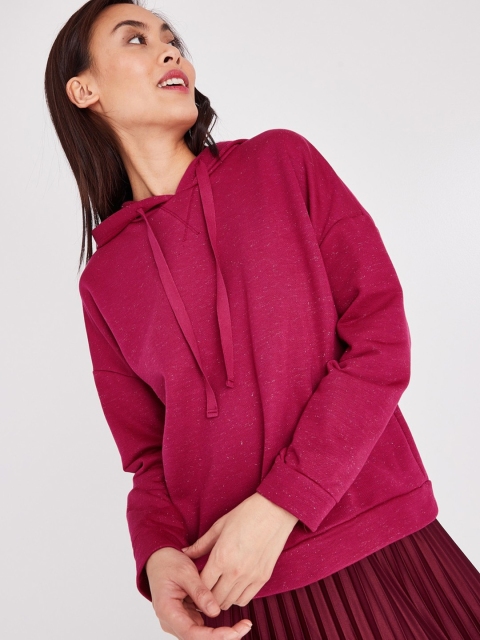 

promod Women Fuchsia Pink Solid Hooded Sweatshirt with Sheen Effect