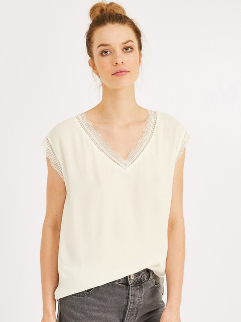 

promod Women Off-White Solid Top with Lace Inserts
