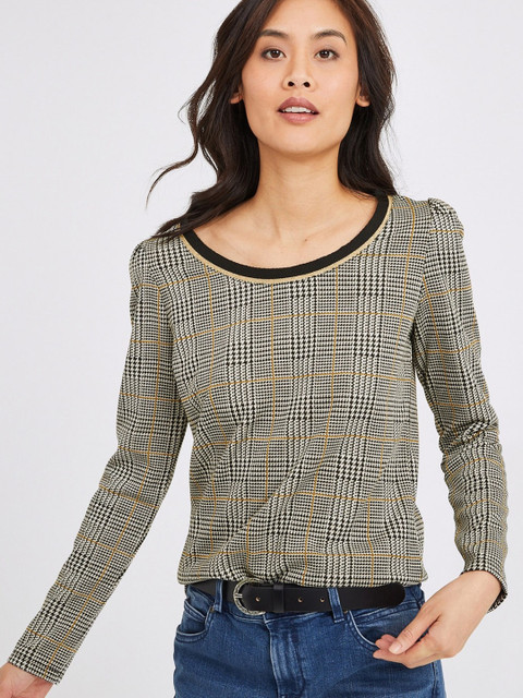 

promod Women Grey & Black Checked Regular Top