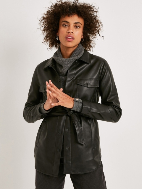 

promod Women Black Solid Biker Jacket With Belt