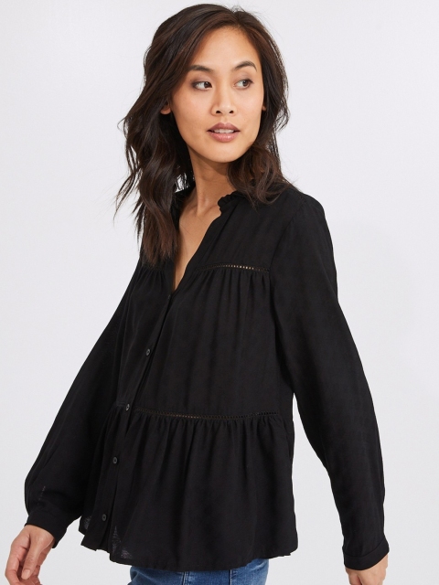 

promod Women Black Self Design Tiered Lace Inserted Top With Ruffle Collar