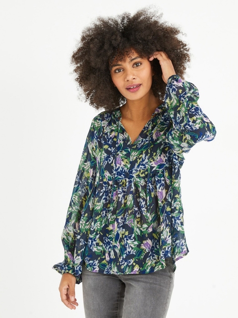 

promod Women Navy Blue & Green Semi-Sheer Printed A-Line Top