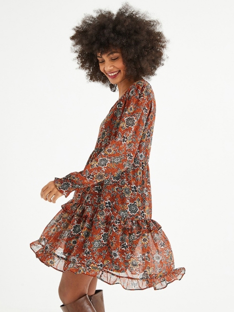 

promod Women Rust Orange Floral Printed Ruffle Tiered Fit and Flare Dress