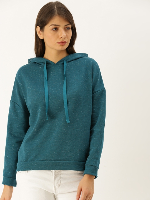 

promod Women Teal Blue Solid Hooded Sweatshirt