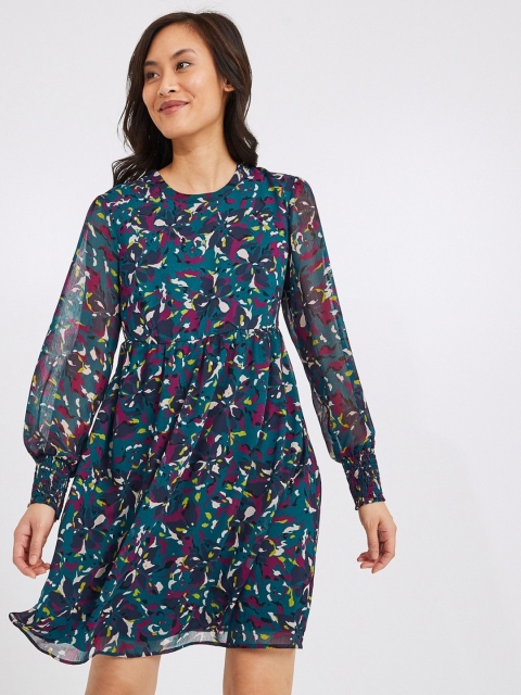 

promod Women Teal Blue & Purple Printed Fit and Flare Dress with Gathers