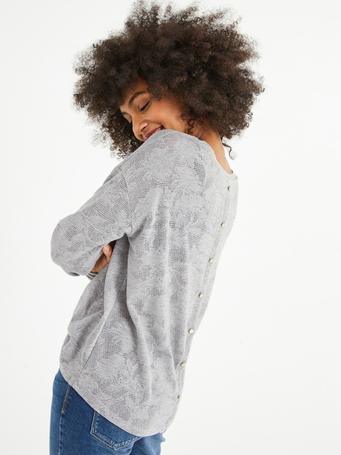 

promod Women Grey Melange Self Design Top With Back Detailing
