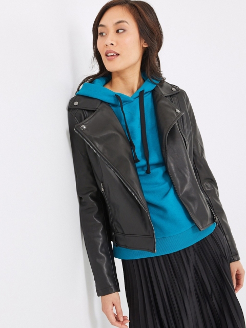 

promod Women Black Solid Biker Jacket