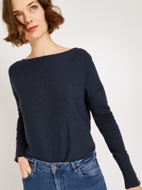 

promod Women Navy Blue Solid Pullover Sweater