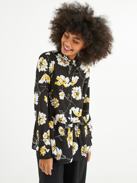 

promod Women Black & White Floral Printed Gathered Shirt Style Top