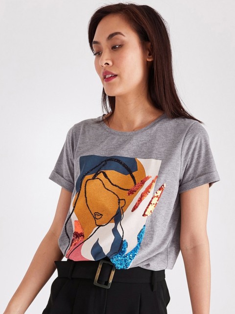 

promod Women Grey Printed Round Neck T-shirt