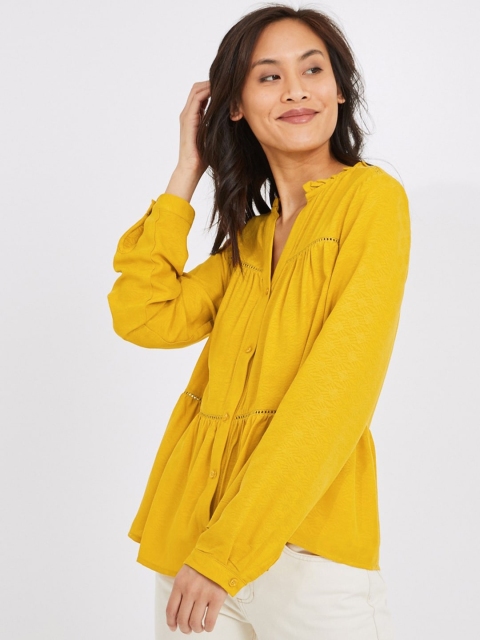 

promod Women Yellow Solid Gathered Lace Inserts Shirt Style Top