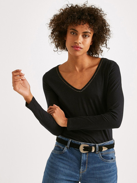 

promod Women Black Solid Sequinned Neck Top