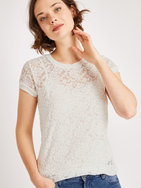 

promod Women White Self Design Lace Inserts Semi-Sheer Top