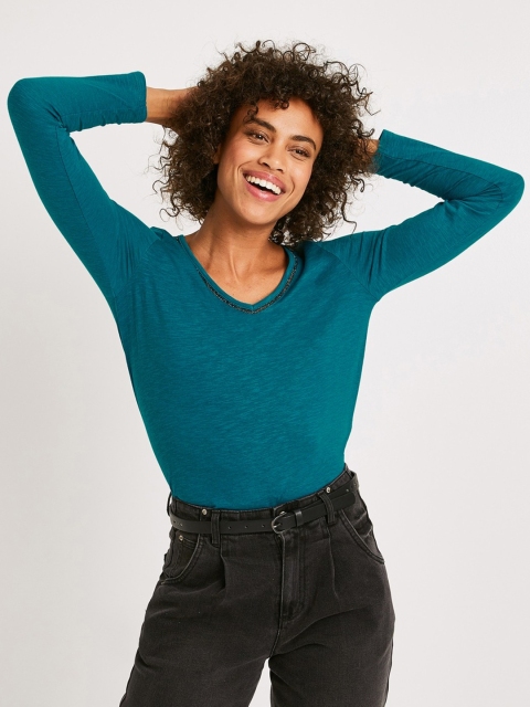 

promod Women Teal Blue Solid Knitted Regular Top