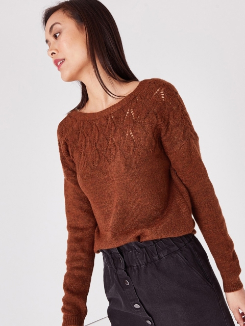 

promod Women Rust Brown Self Design Pullover Sweater
