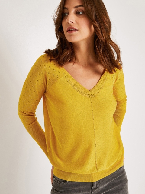

promod Women Mustard Yellow Solid Pullover Sweater