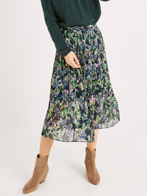 

promod Women Navy Blue & Green Printed Accordian Pleated Flared Skirt