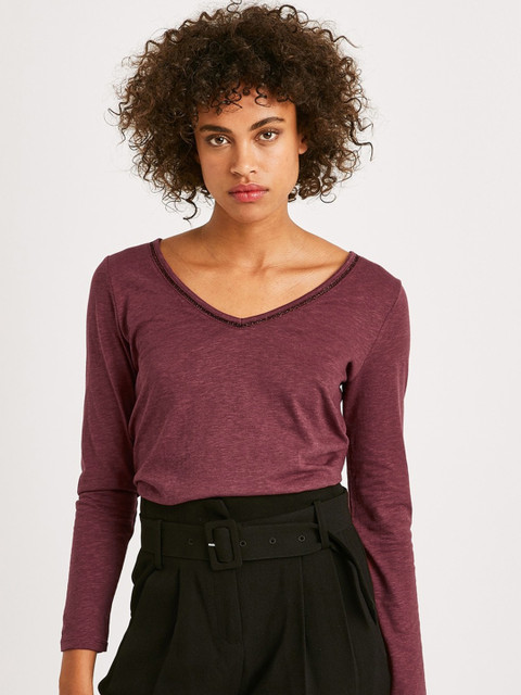 

promod Women Burgundy Solid Knitted Top