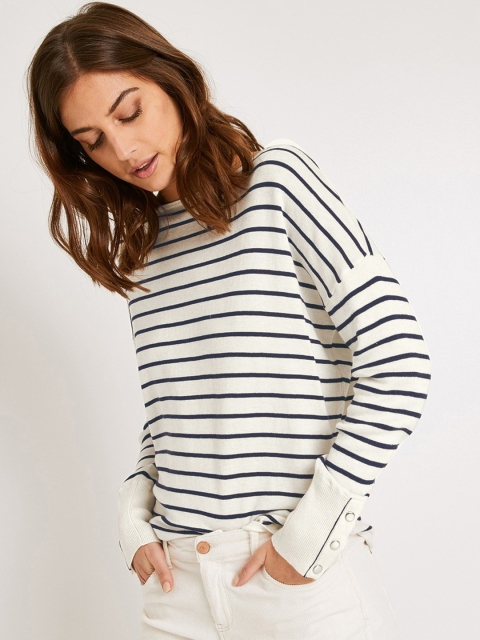 

promod Women White & Navy Blue Striped Pullover Sweater With Buttoned Sleeves