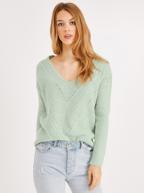 

promod Women Green Self Design Open Knit Pullover Sweater