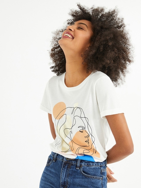 

promod Women White Printed Round Neck T-shirt