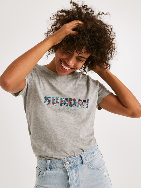 

promod Women Grey Melange Solid Regular Top with Sequinned Detail