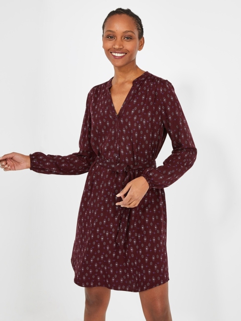 

promod Women Burgundy Printed Fit and Flare Dress