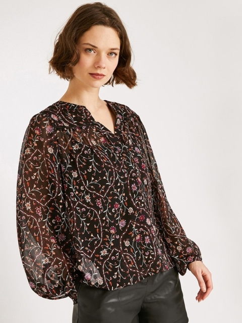 

promod Women Black Floral Printed Semi Sheer Top