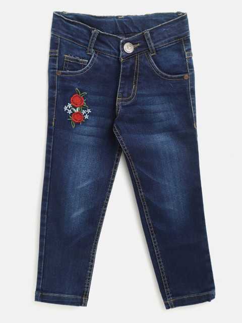 

612 league Girls Navy Regular Fit Mid-Rise Clean Look Stretchable Jeans with Embroidery, Navy blue