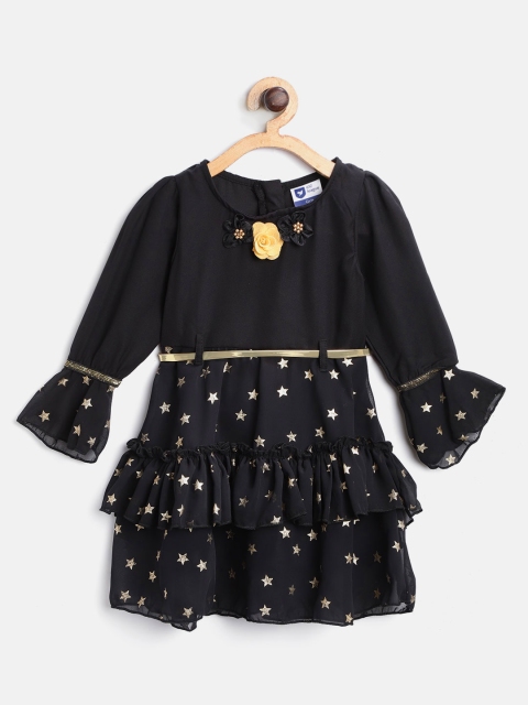 

612 league Girls Black & Golden Printed Fit & Flare Dress