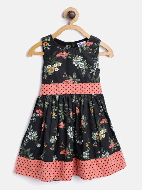 

612 league Girls Black & Green Printed A-Line Dress