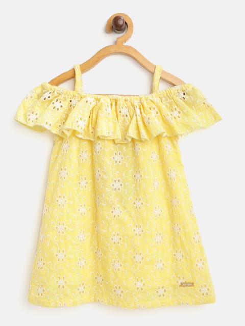 

612 league Girls Yellow Schiffli Embroidered A-Line Dress