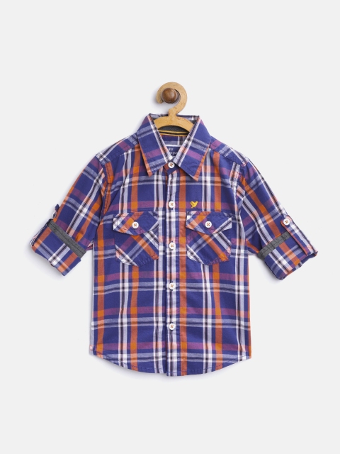 

612 league Boys Blue & Orange Regular Fit Checked Casual Shirt