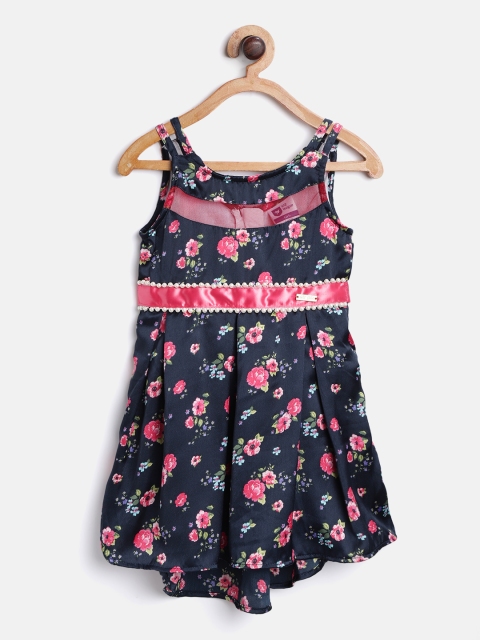 

612 league Girls Navy Blue & Pink Printed A-Line Dress