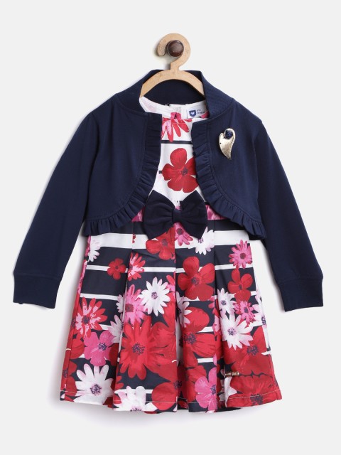 

612 league Girls Pink & Navy Blue Printed Fit & Flare Dress with Open Front Shrug