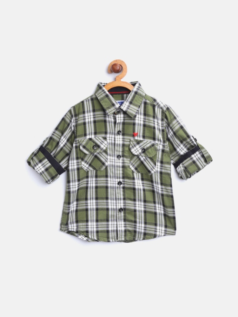 

612 league Boys Olive Green & White Regular Fit Checked Casual Shirt
