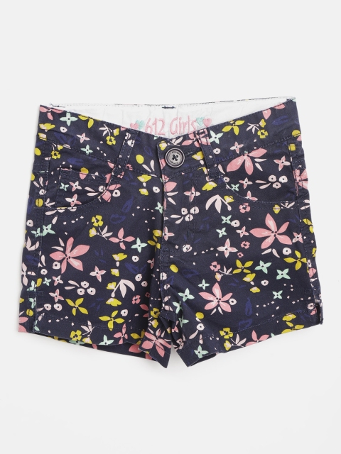 

612 league Girls Navy Blue & Pink Floral Print Regular Fit Shorts